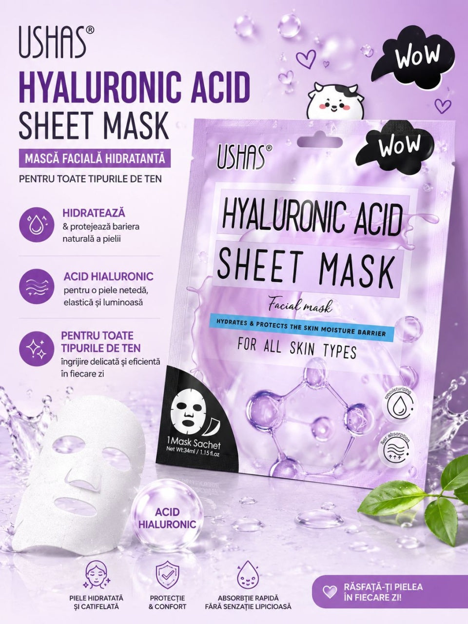 Set 12 Măști Faciale cu Acid Hialuronic USHAS – Hidratare Intensă, Elasticitate și Luminozitate pentru Ten