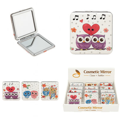 Set 12 oglinzi cosmetice 2 in 1 , modele cu bufnite si flori, design fashion