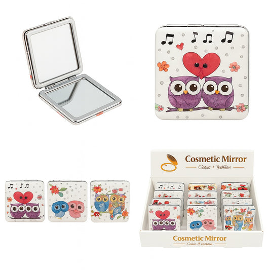 Set 12 oglinzi cosmetice 2 in 1 , modele cu bufnite si flori, design fashion