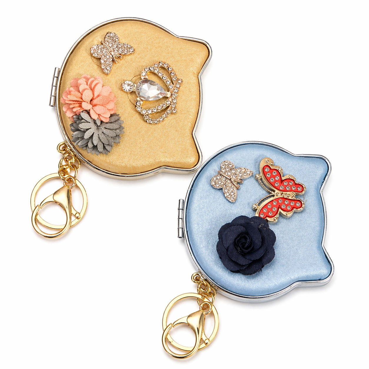 Set 12 oglinzi cosmetice, 7,5 cm, forma pisică, diverse modele, portabile cu breloc