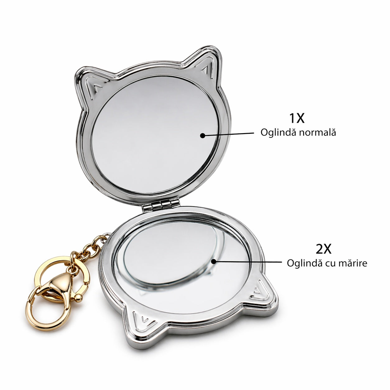Set 12 oglinzi cosmetice, 7,5 cm, forma pisică, diverse modele, portabile cu breloc