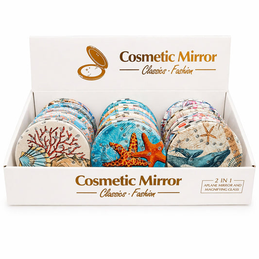Set 12 oglinzi cosmetice 7 cm , elemente marine, oglindă dublă, compacte și elegante