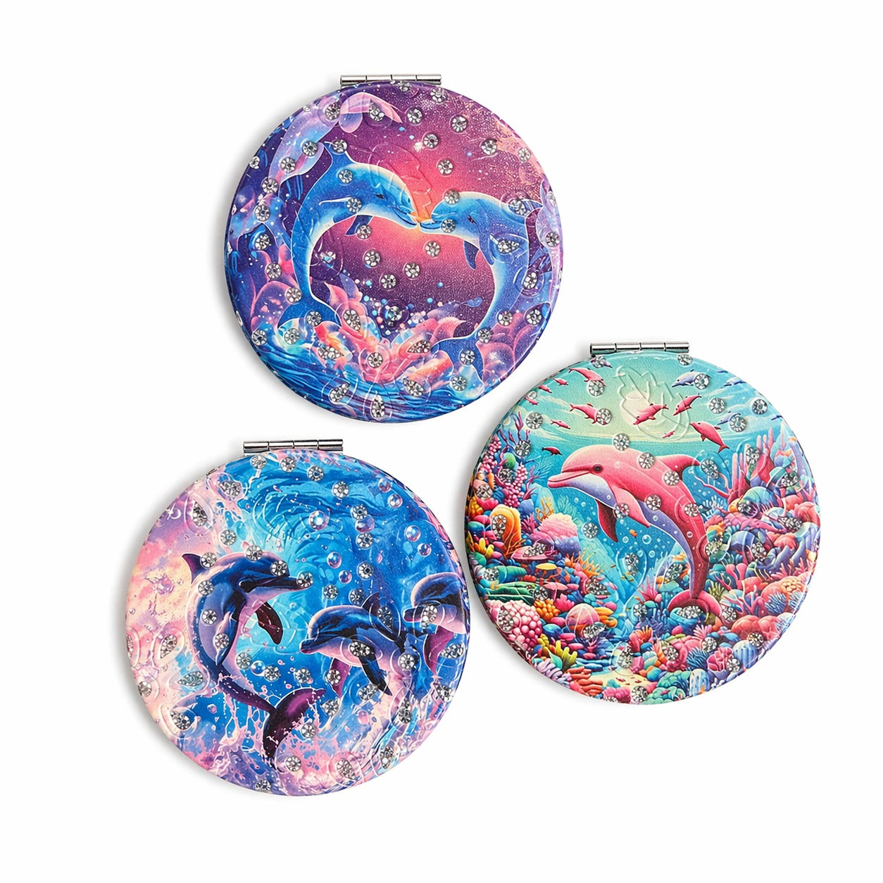 Set 12 oglinzi cosmetice 7 cm model delfini, oglindă dublă , compacte și elegante