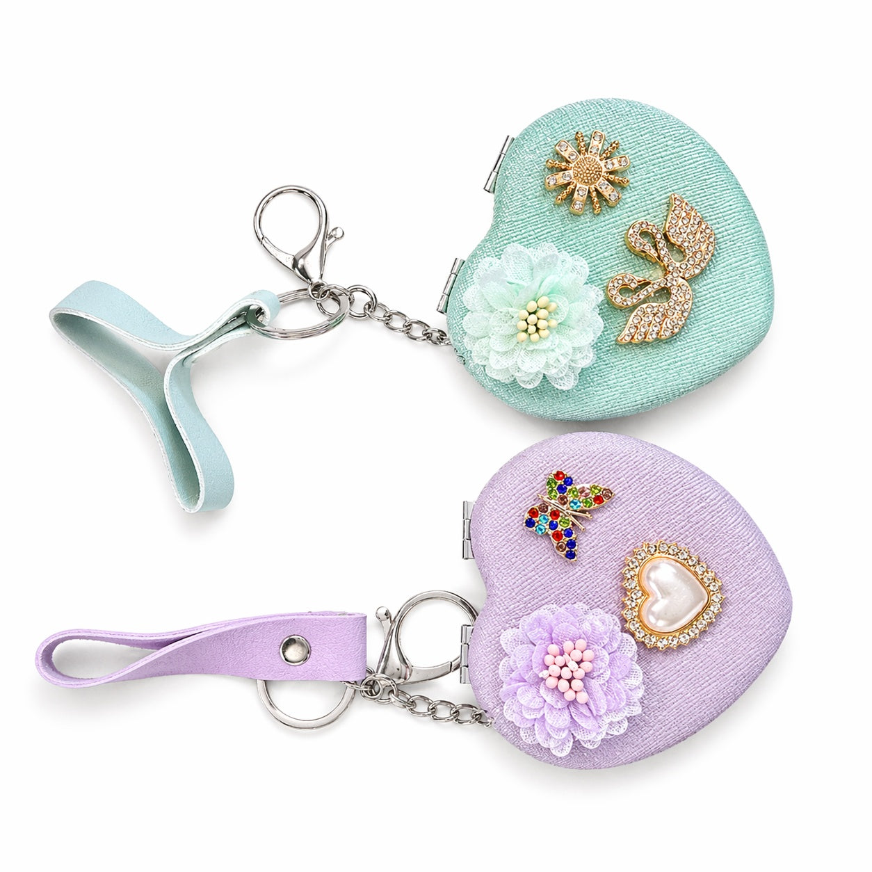 Set 12 oglinzi cosmetice 7 cm, model inimă, design elegant cu breloc