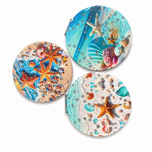 Set 12 oglinzi cosmetice 7 cm model stea de mare, oglindă dublă, compacte, portabile