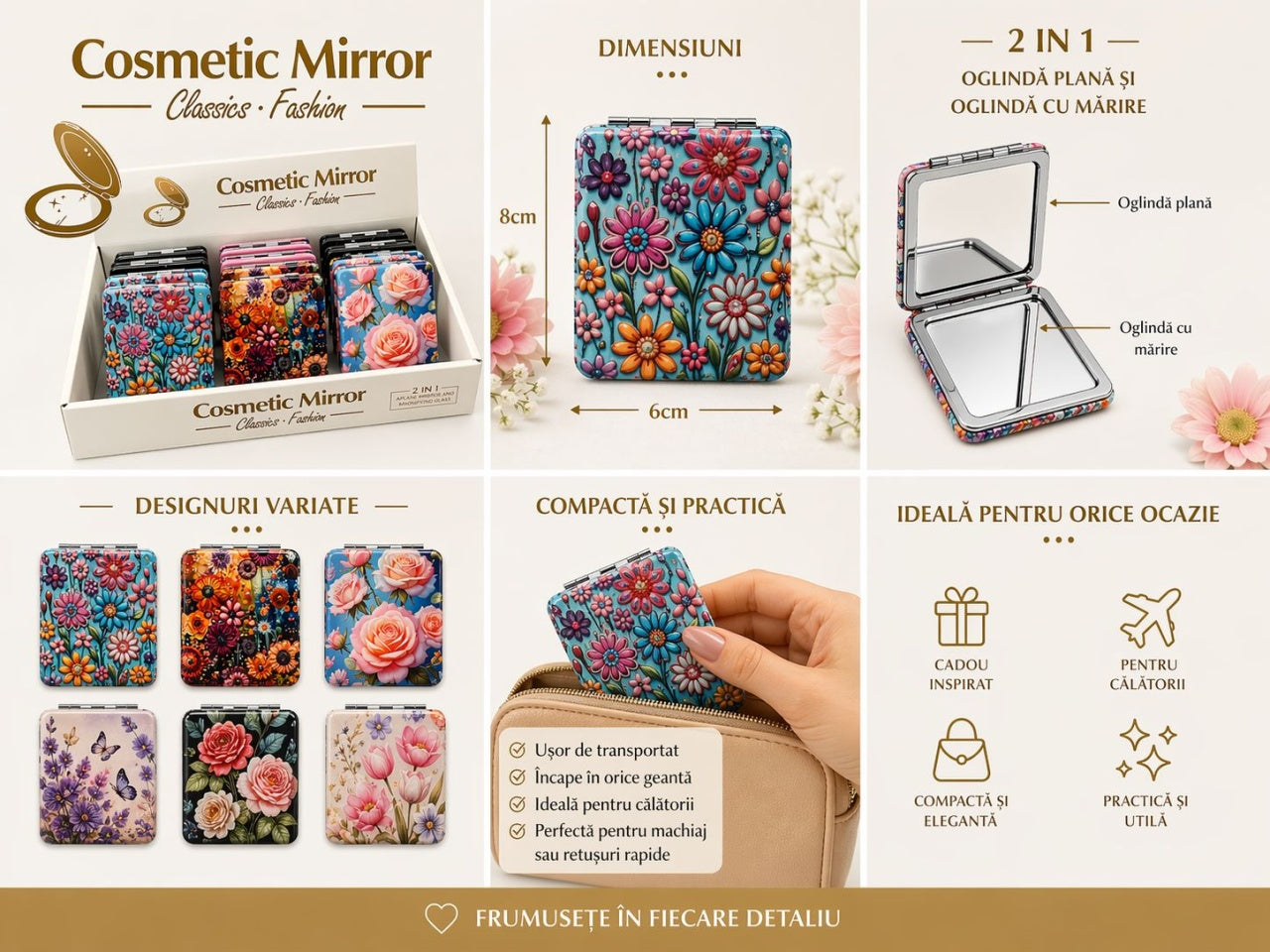 Set 12 oglinzi cosmetice buzunar 2 in 1 cu flori, compacte si elegante