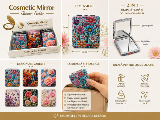 Set 12 oglinzi cosmetice buzunar 2 in 1 cu flori, compacte si elegante