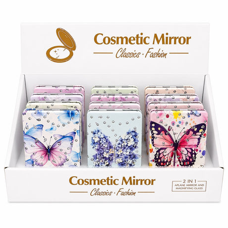 Set 12 oglinzi cosmetice buzunar 2 in 1 cu fluturi si flori, compacte