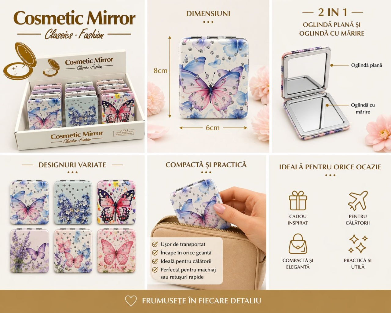 Set 12 oglinzi cosmetice buzunar 2 in 1 cu fluturi si flori, compacte