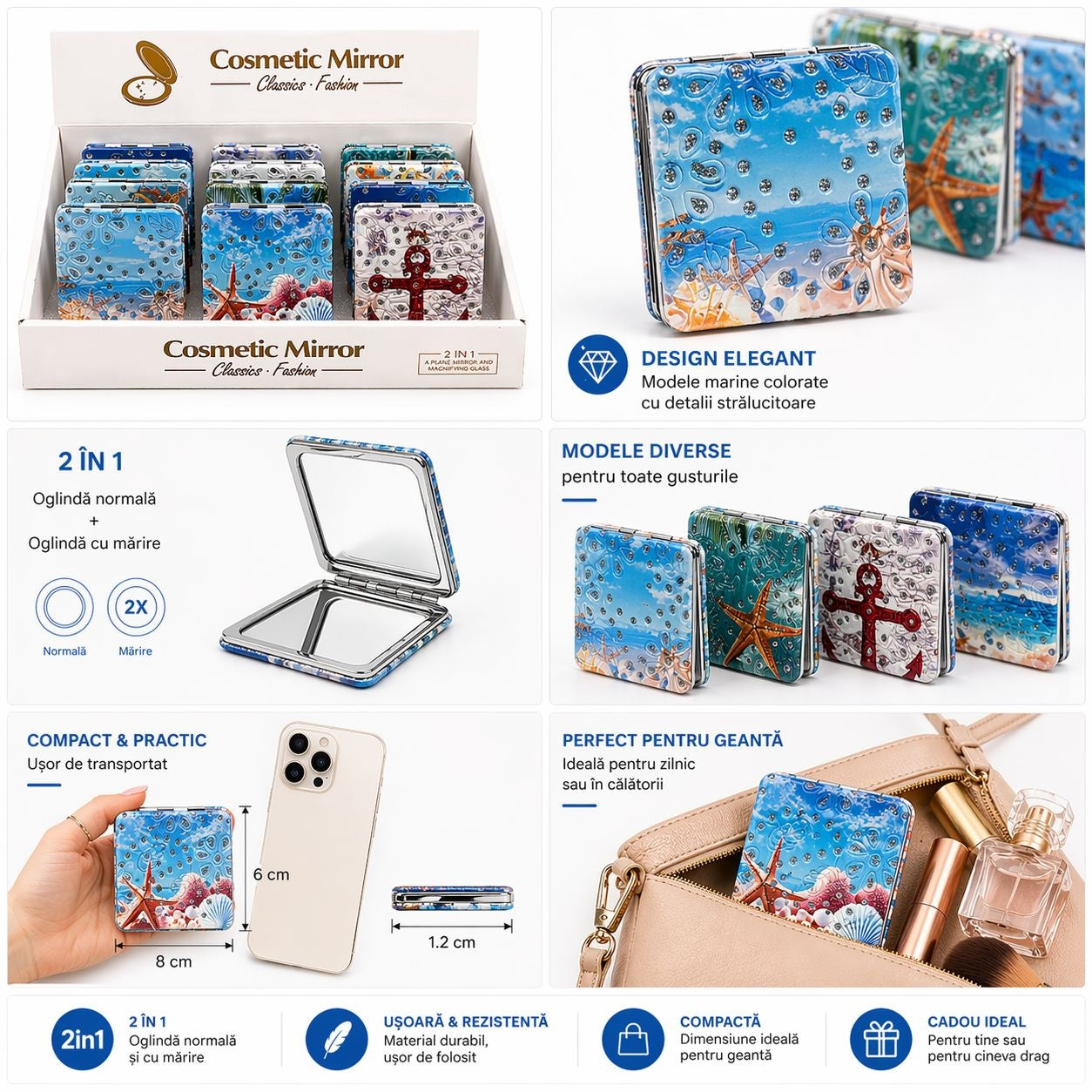 Set 12 oglinzi cosmetice buzunar 2 in 1 tematica marina, compacte