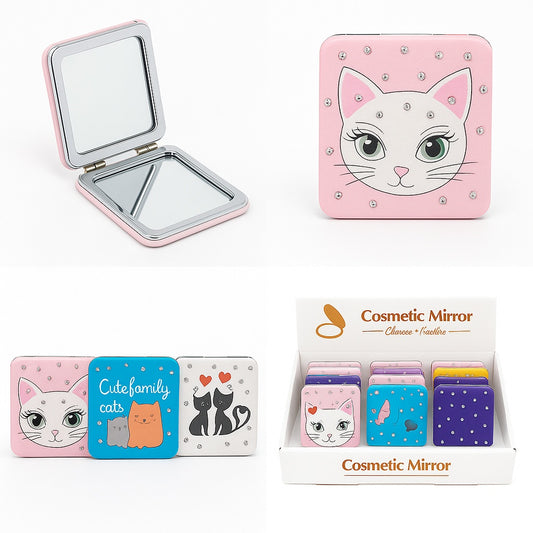 Set 12 oglinzi cosmetice compacte 2 in 1 , modele cu pisici, inimioare si design cute
