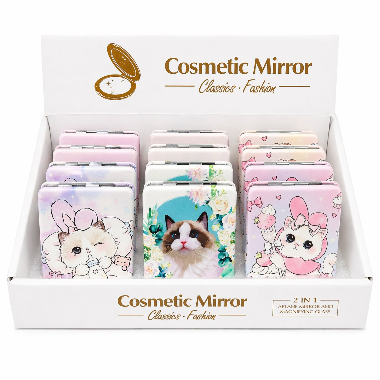 Set 12 oglinzi cosmetice compacte 8.5x6 cm, modele cu pisicute adorabile