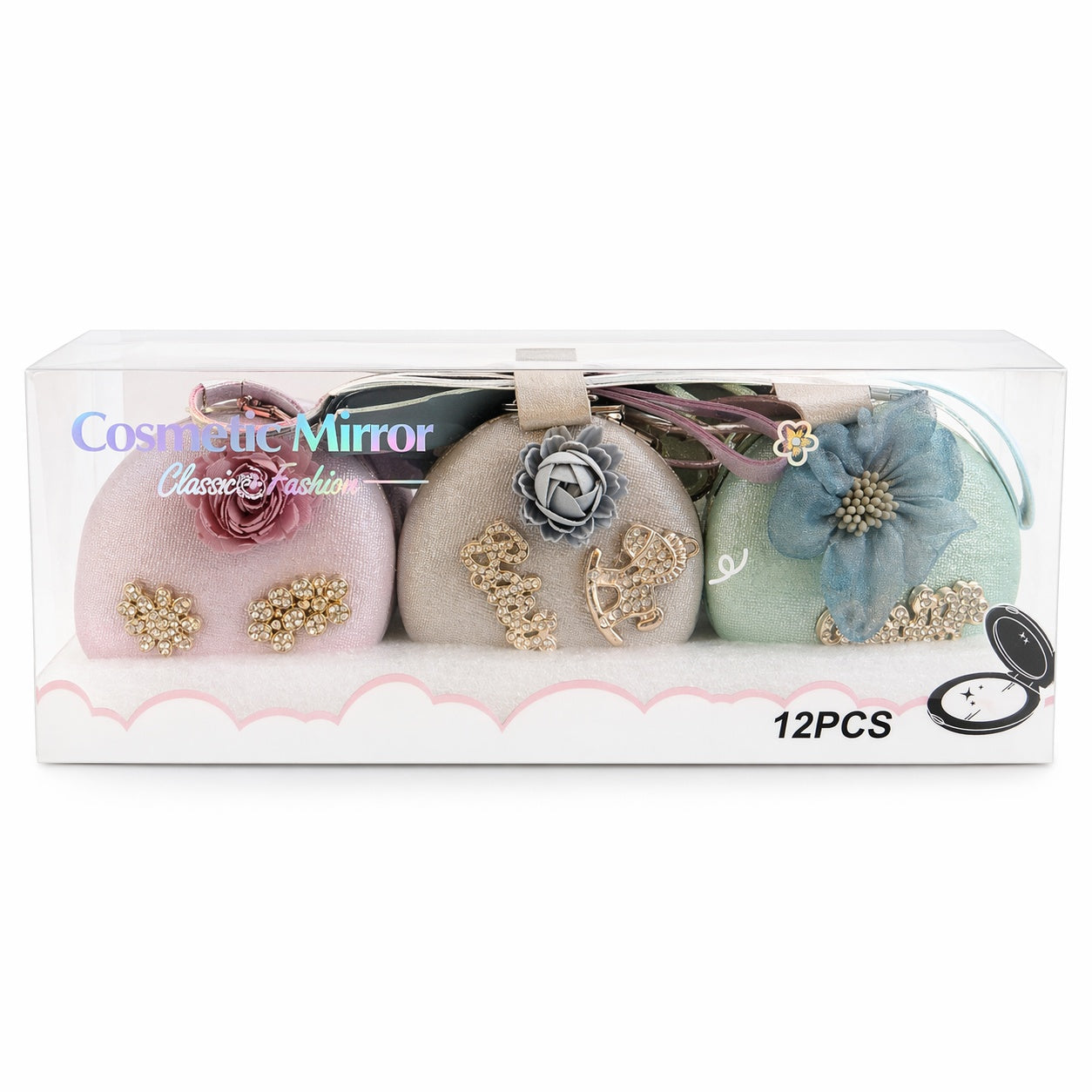 Set 12 oglinzi cosmetice rotunde 7 cm, design elegant cu breloc