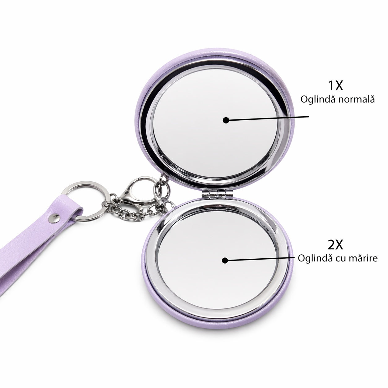 Set 12 oglinzi cosmetice rotunde 7 cm, design elegant cu breloc