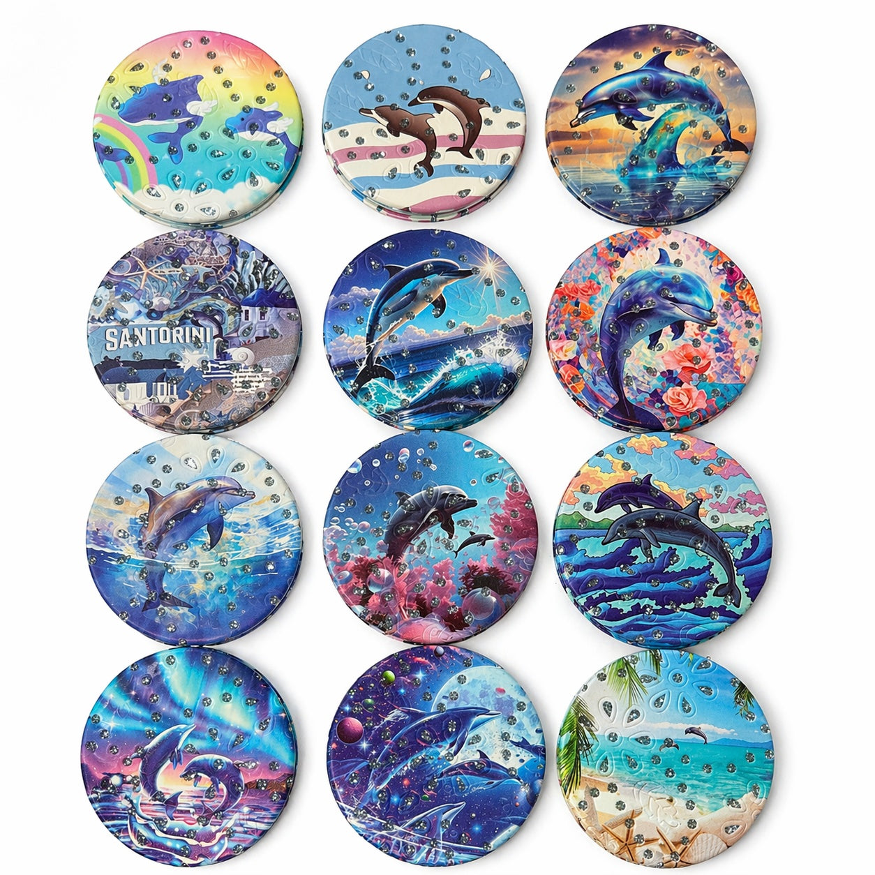 Set 12 oglinzi cosmetice rotunde cu delfini, 7cm, modele colorate, compacte