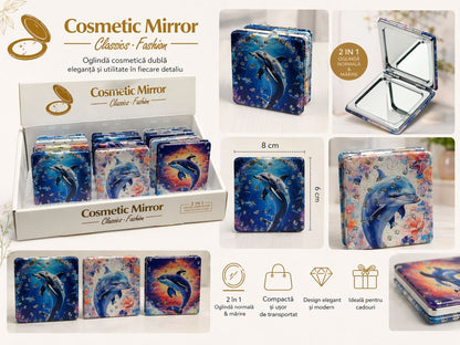Set 12 oglinzi decorative cu delfini și cristale, dreptunghiulare, roz