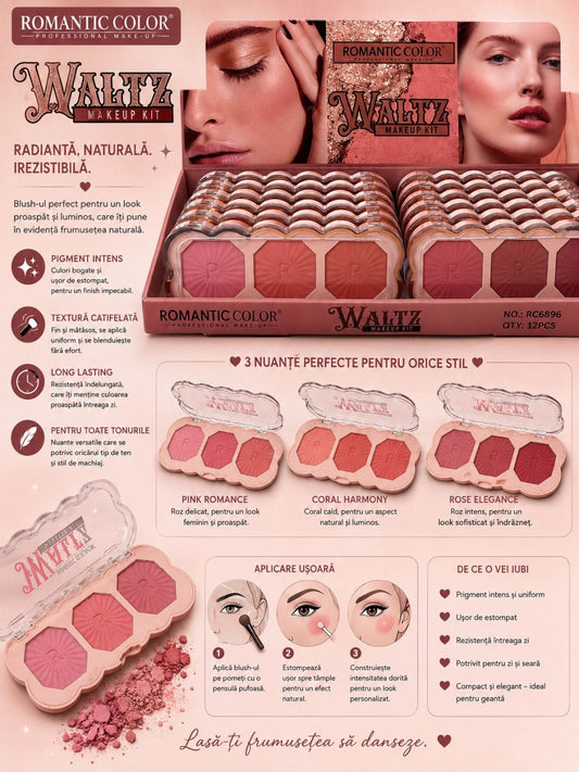 Set 12 Palete Blush Romantic Color Waltz Makeup Kit – 3 Nuanțe de Blush, Pigment Intens