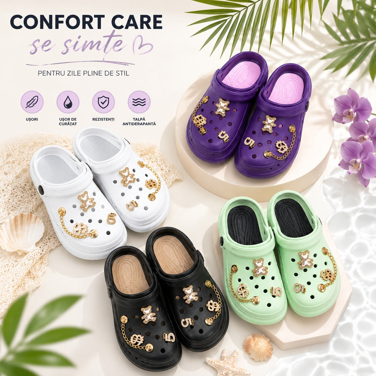 Set 12 Perechi Papuci Damă Casual cu Accesorii Strălucitoare – Mix Culori, Mărimi 36-41