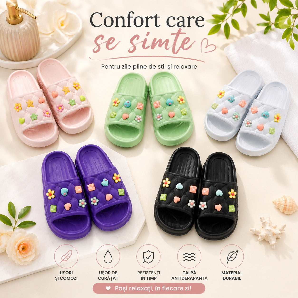 Set 12 Perechi Papuci Damă Casual cu Design Floral – Mix Culori, Mărimi 36-41