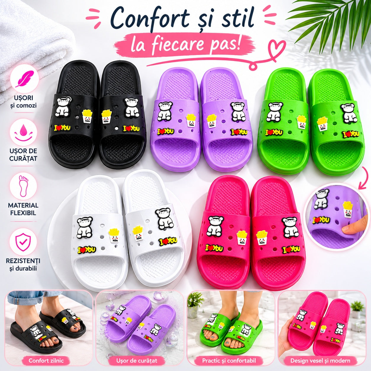 Set 12 Perechi Papuci Damă Casual cu Design Vesel – Mix Culori, Mărimi 36-41