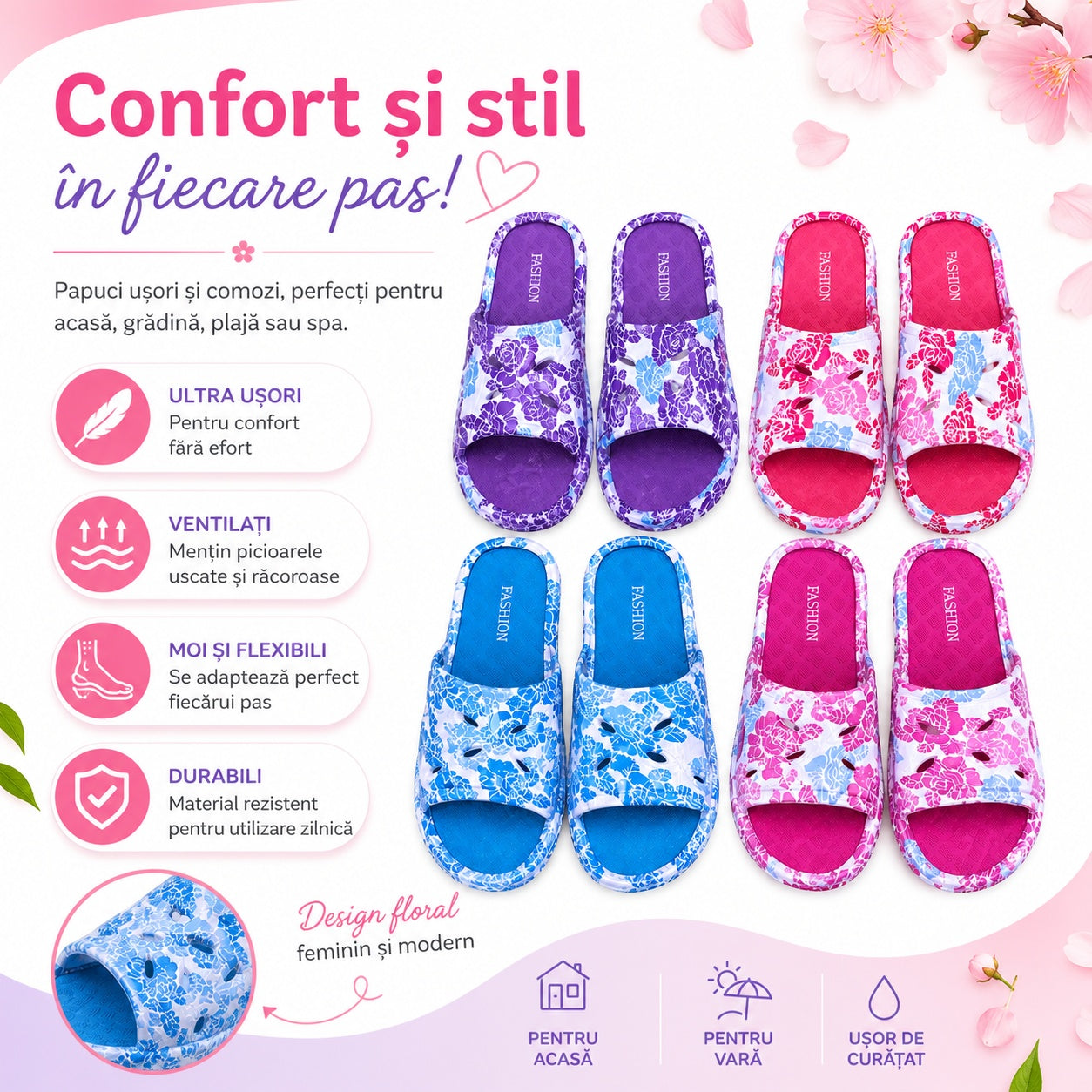 Set 12 Perechi Papuci Damă cu Design Floral – Mărimi 36-41, Mix Culori, Ultra Ușori și Confortabili