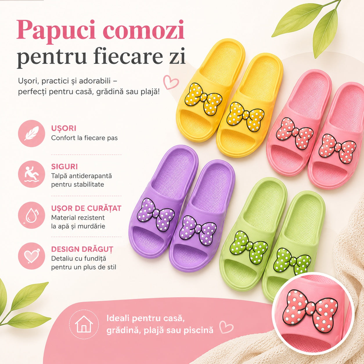 Set 12 Perechi Papuci Damă cu Fundiță – Comozi, Ușori și Adorabili, Mărimi 36-41