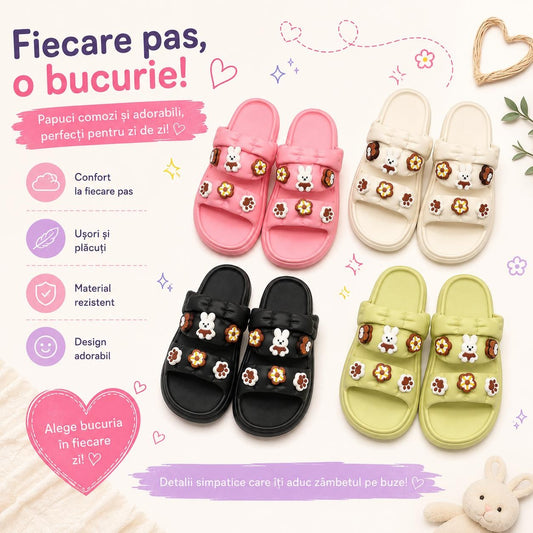 Set 12 Perechi Papuci Damă cu Model Iepuraș și Flori Decorative, Mix Culori, Mărimi 36-41