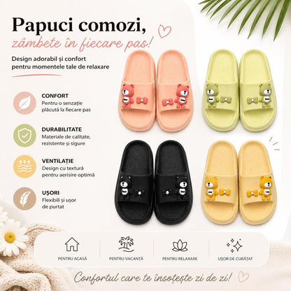 Set 12 Perechi Papuci Damă cu Ursuleț Decorativ, Mix Culori, Mărimi 36-41, Papuci Casual