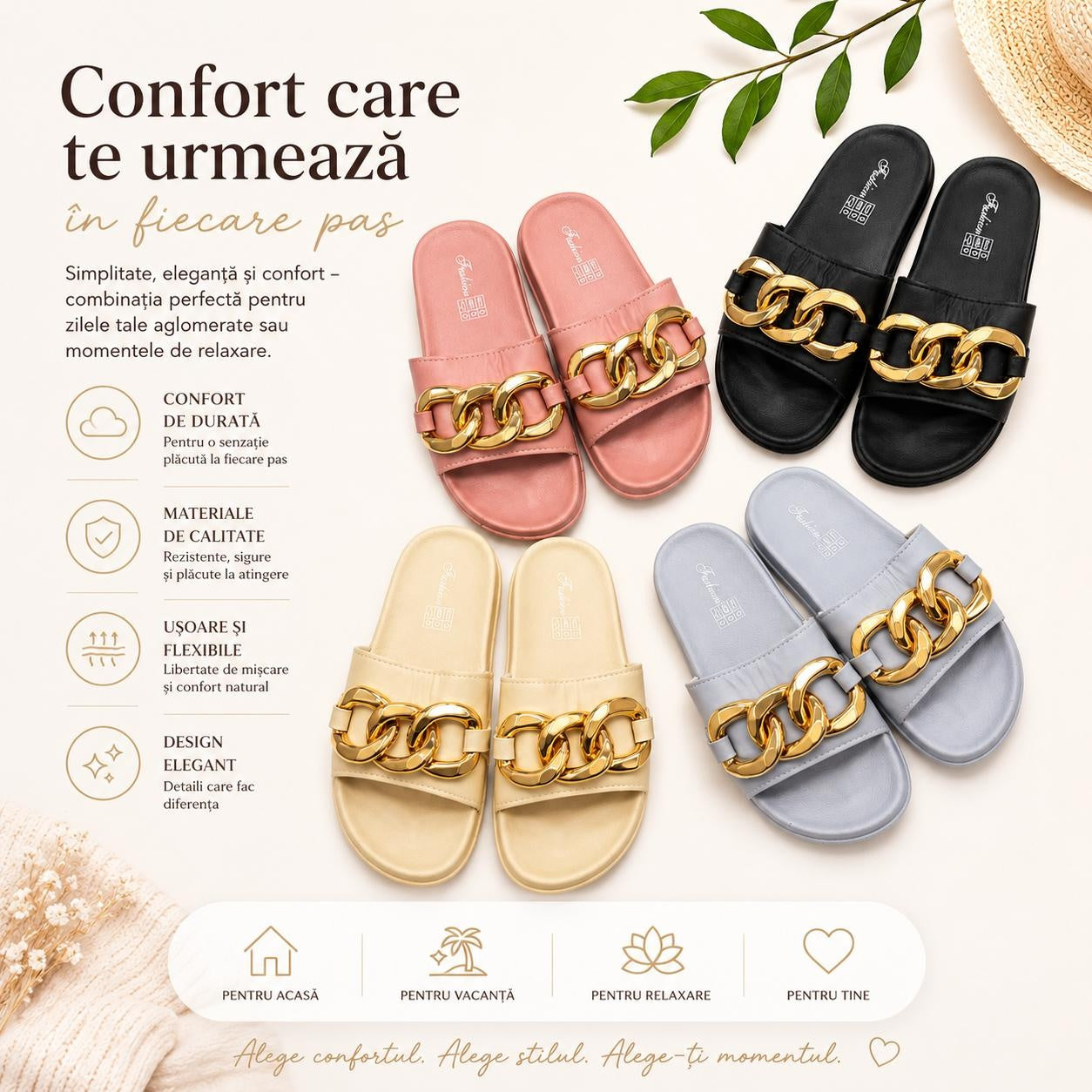 Set 12 Perechi Papuci Damă Eleganți cu Lanț Auriu Decorativ, Mix Culori, Mărimi 36-41
