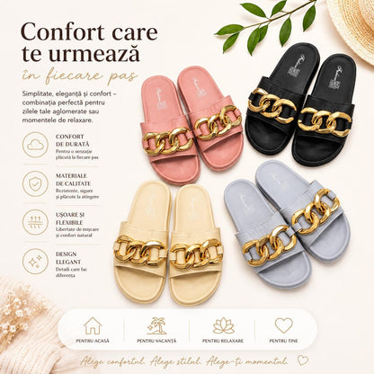 Set 12 Perechi Papuci Damă Eleganți cu Lanț Auriu Decorativ, Mix Culori, Mărimi 36-41