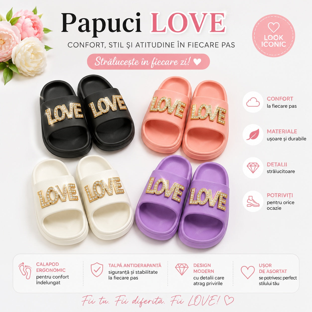 Set 12 Perechi Papuci Damă LOVE – Mix Culori, Mărimi 36-41, Comozi și Antiderapanți