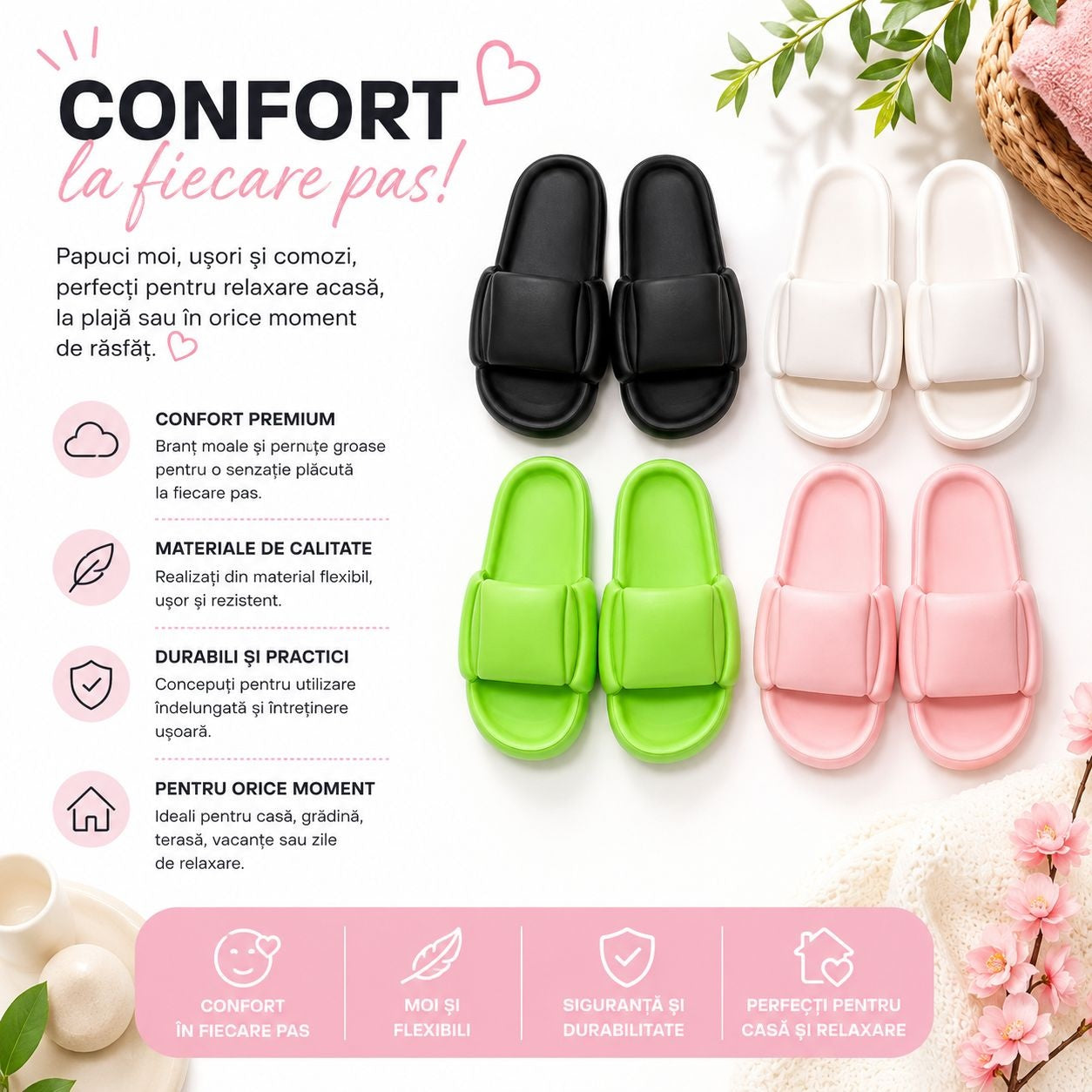Set 12 Perechi Papuci Femei , Mix Culori, Mărimi 36-41, Ultra Confortabili și Flexibili