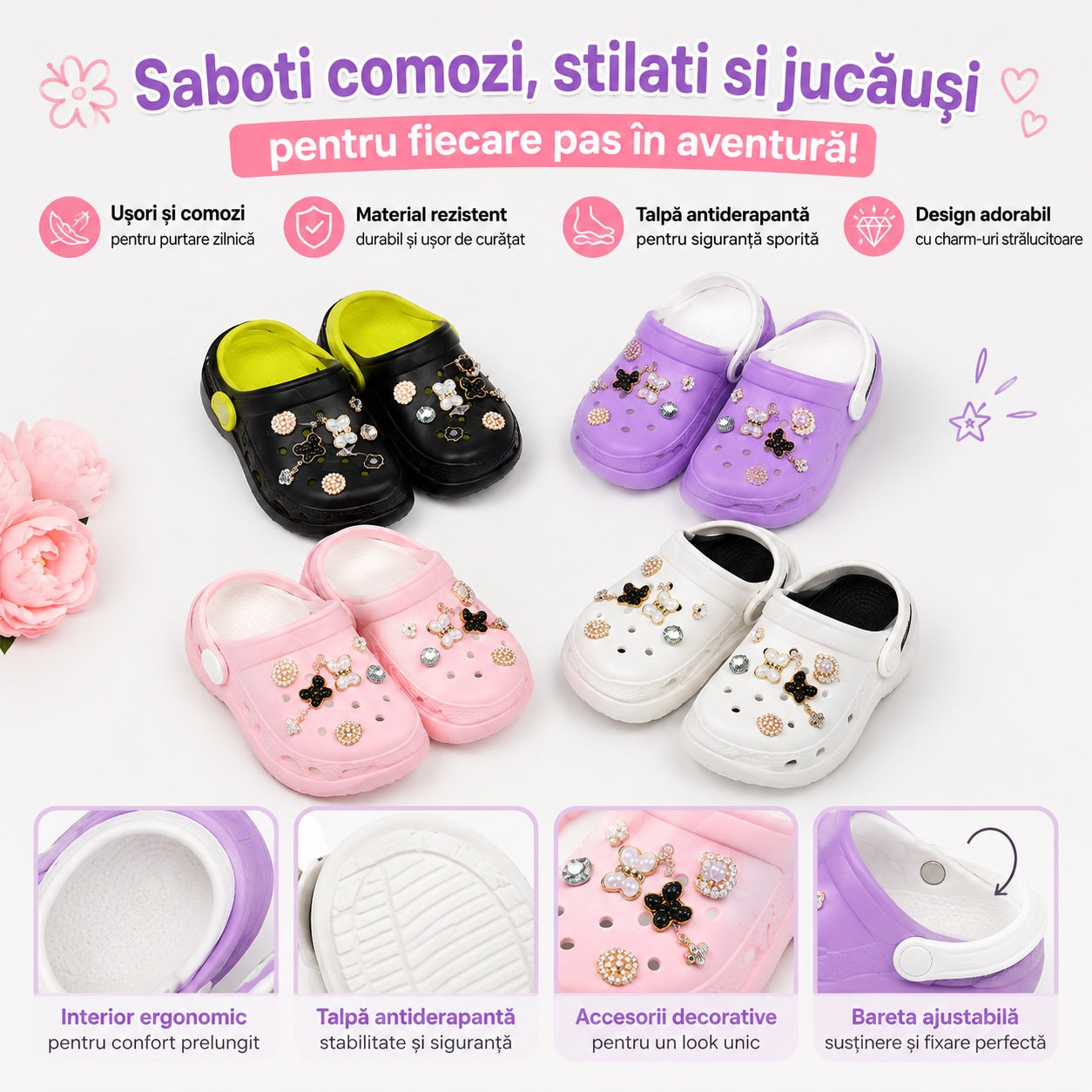 Set 12 Perechi Saboți Damă cu Accesorii Decorative – Mix Culori, Mărimi 36-41, Comozi și Antiderapanți