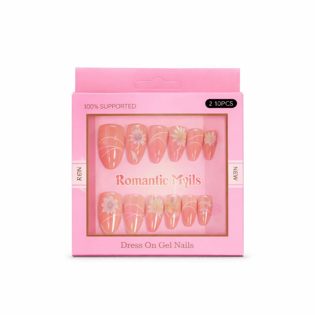 Set 12 perechi unghii false autoadezive tip Press On, cu design floral, culori pastelate
