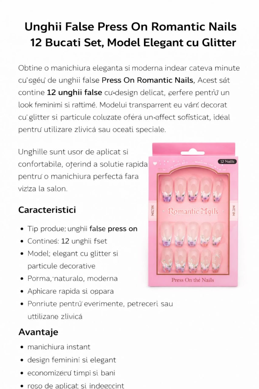 Set 12 perechi unghii false press on cu glitter, model elegant pentru manichiura