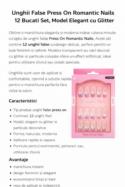 Set 12 perechi unghii false press on cu glitter, model elegant pentru manichiura