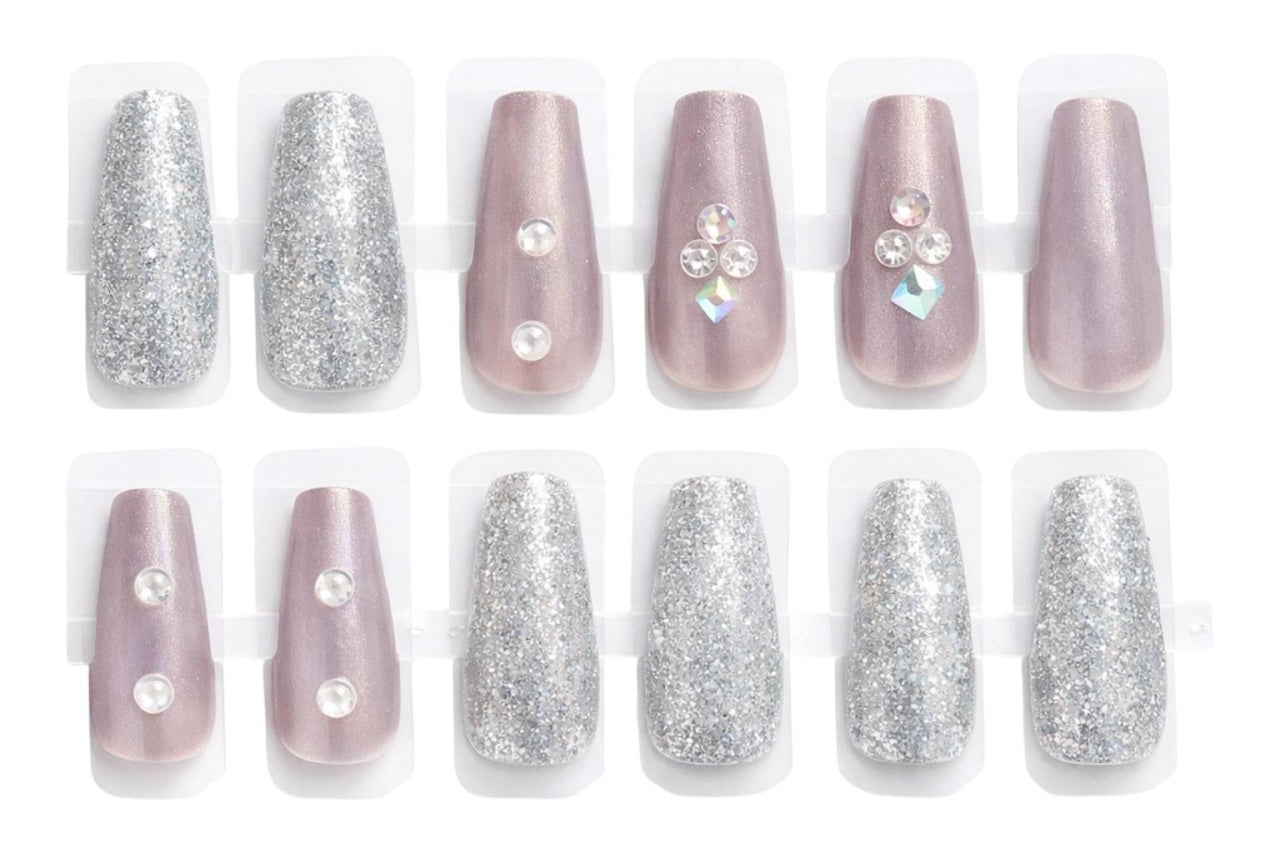 Set 12 perechi unghii false Press-On cu glitter si cristale decorative