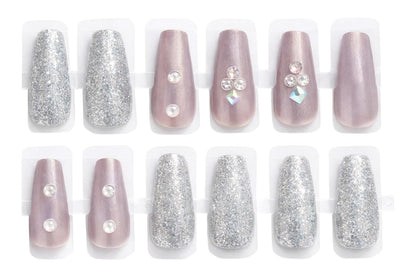 Set 12 perechi unghii false Press-On cu glitter si cristale decorative
