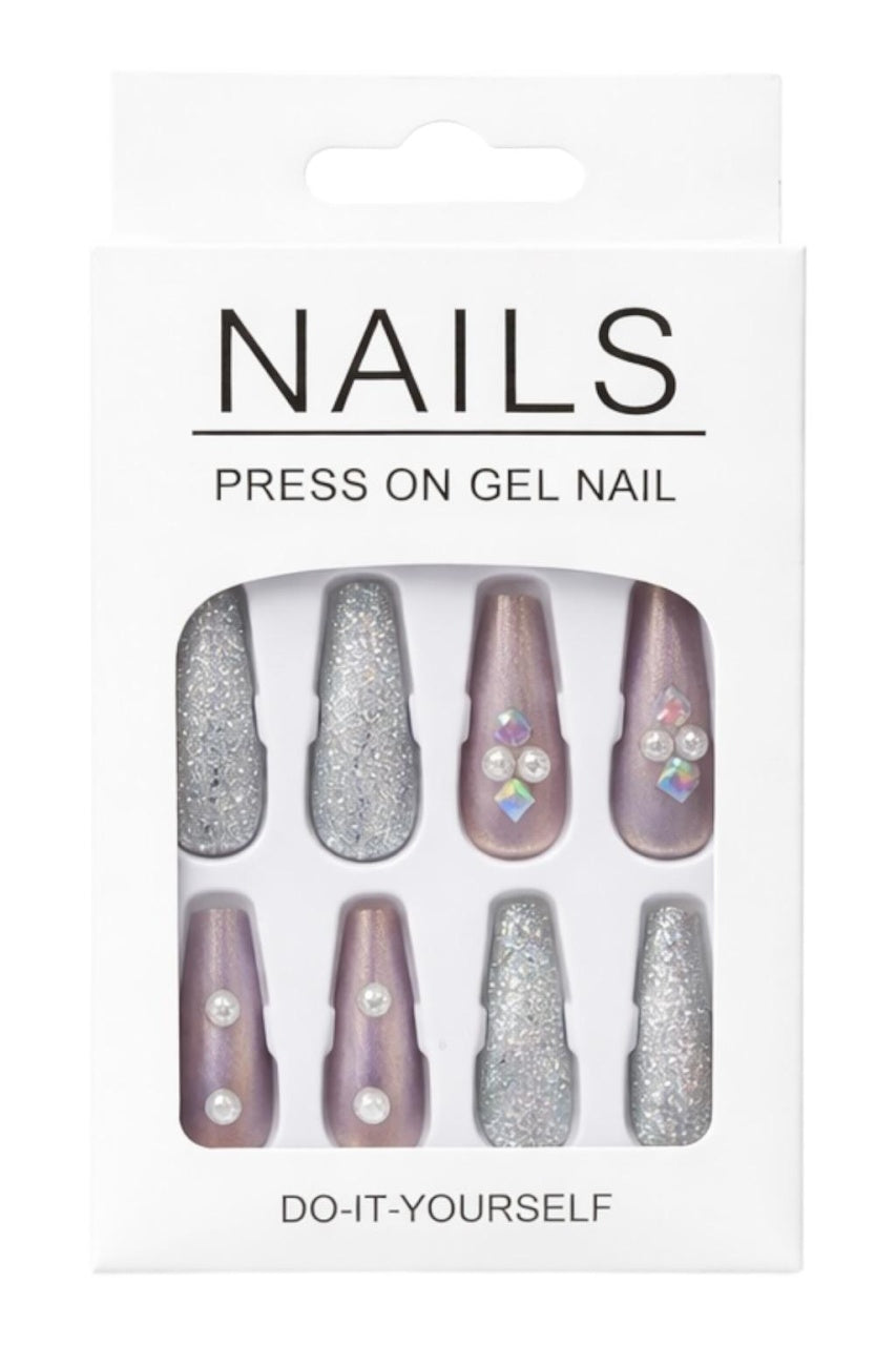 Set 12 perechi unghii false Press-On cu glitter si cristale decorative