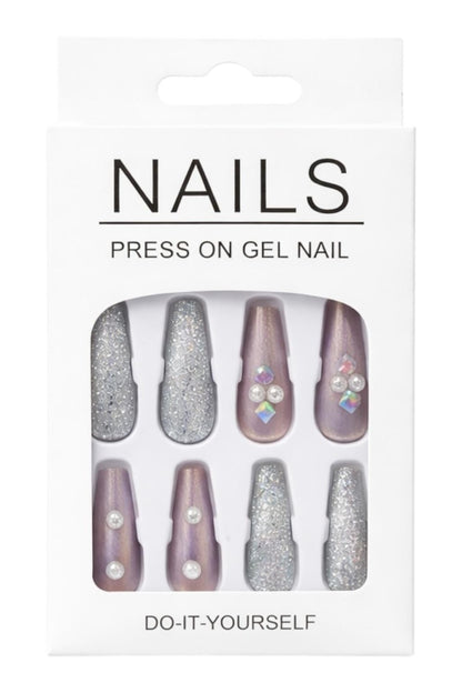 Set 12 perechi unghii false Press-On cu glitter si cristale decorative