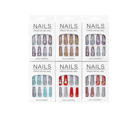 Set 12 perechi unghii false Press-On cu glitter si cristale decorative