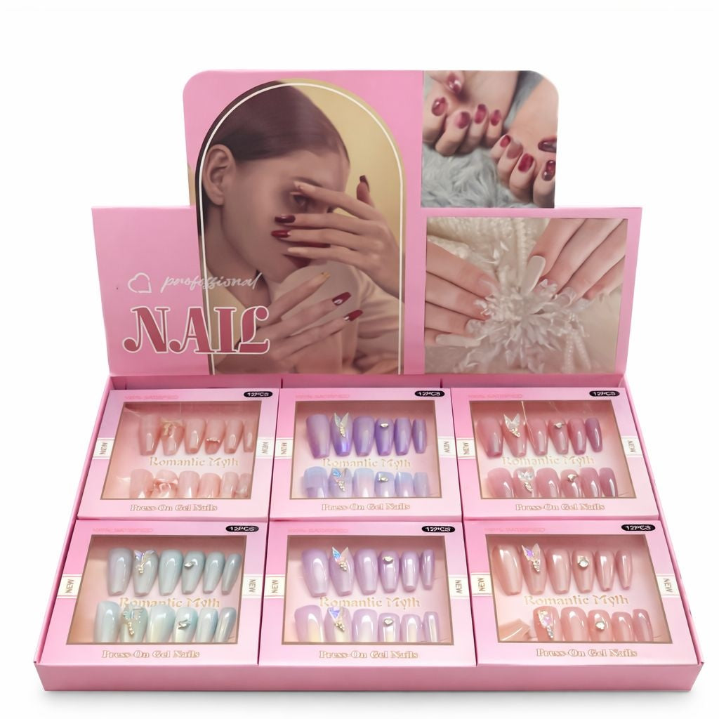 Set 12 perechi unghii false press-on, modele mixte, efect gel, reutilizabile