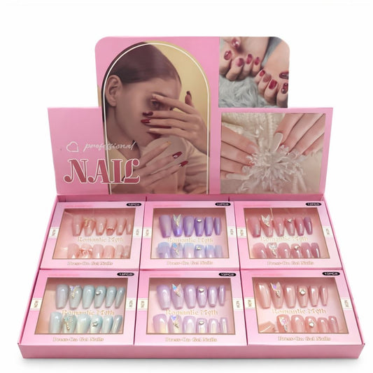 Set 12 perechi unghii false press-on, modele mixte, efect gel, reutilizabile