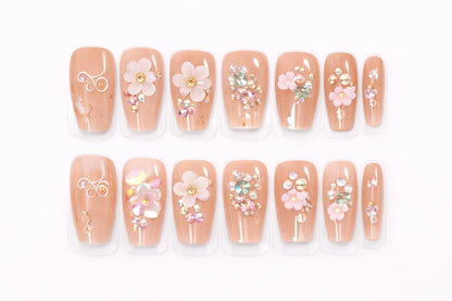 Set 12 perechi unghii false tip Press-On cu decor flori si cristale