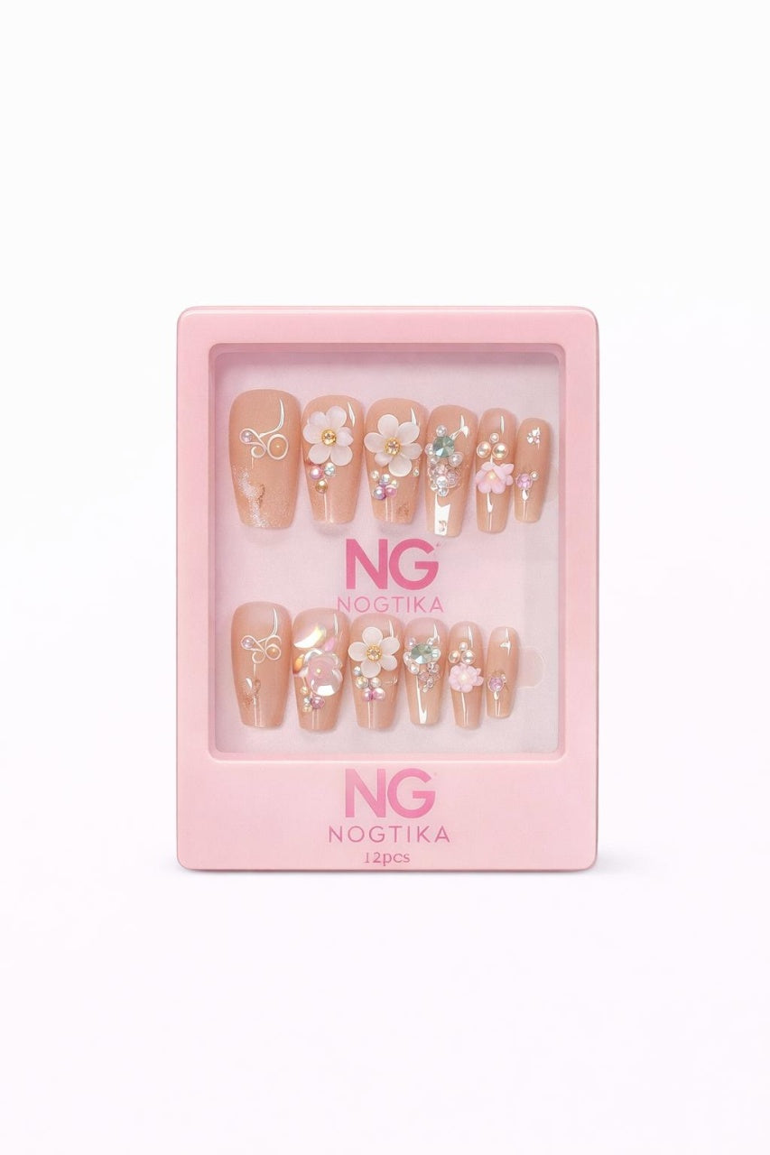 Set 12 perechi unghii false tip Press-On cu decor flori si cristale
