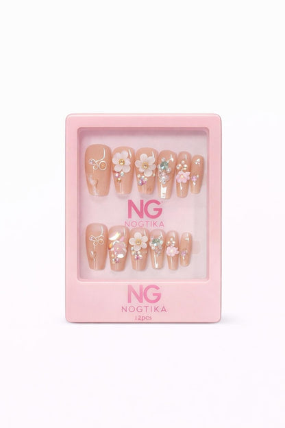 Set 12 perechi unghii false tip Press-On cu decor flori si cristale
