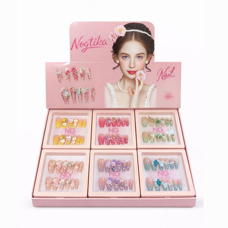Set 12 perechi unghii false tip Press-On cu decor flori si cristale