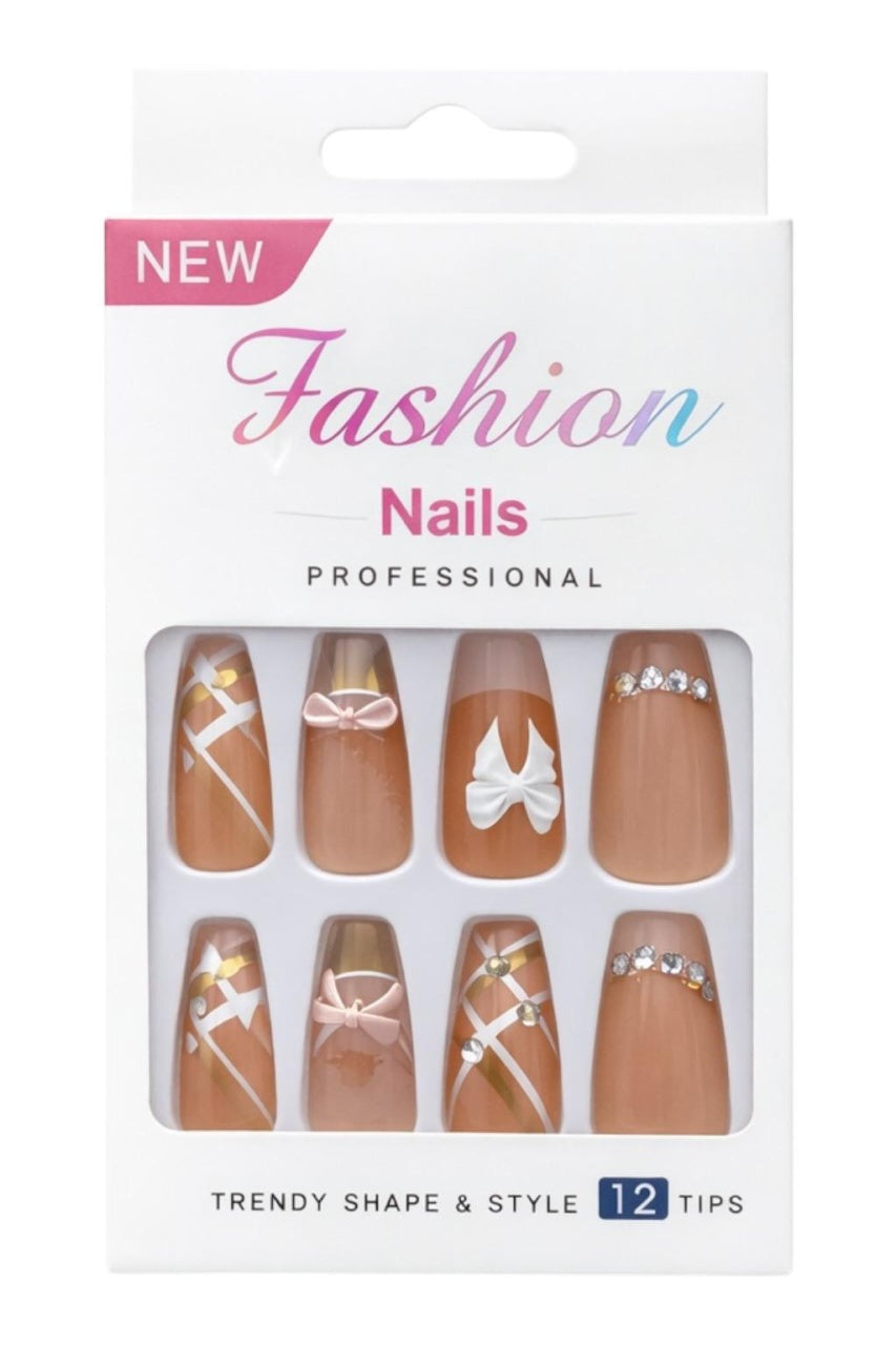 Set 12 perechi unghii false tip Press-On cu decor fundita si cristale