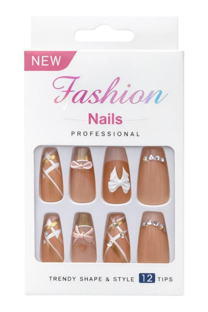 Set 12 perechi unghii false tip Press-On cu decor fundita si cristale