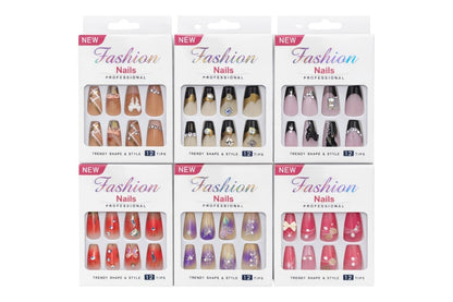 Set 12 perechi unghii false tip Press-On cu decor fundita si cristale
